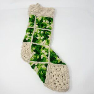 Vintage CROCHETED Granny Square, White & Green Christmas STOCKING, 19" Cottage